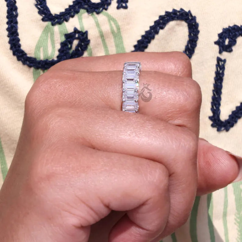 5x3 MM Emerald Cut Moissanite Full Eternity Band, U-Prong Wedding Ring, Stackable Matching Band