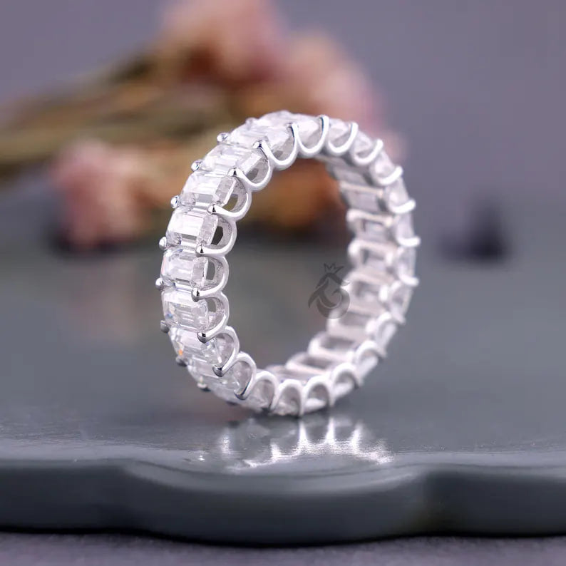 5x3 MM Emerald Cut Moissanite Full Eternity Band, U-Prong Wedding Ring, Stackable Matching Band