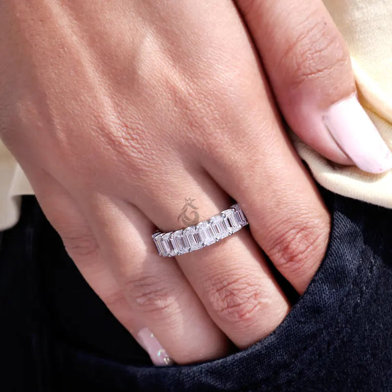 5x3 MM Emerald Cut Moissanite Full Eternity Band, U-Prong Wedding Ring, Stackable Matching Band