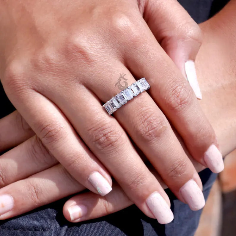 5x3 MM Emerald Cut Moissanite Full Eternity Band, U-Prong Wedding Ring, Stackable Matching Band