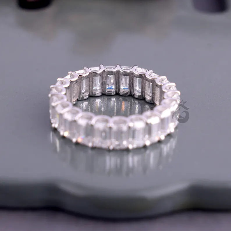 5x3 MM Emerald Cut Moissanite Full Eternity Band, U-Prong Wedding Ring, Stackable Matching Band