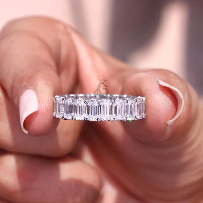 5x3 MM Emerald Cut Moissanite Full Eternity Band, U-Prong Wedding Ring, Stackable Matching Band