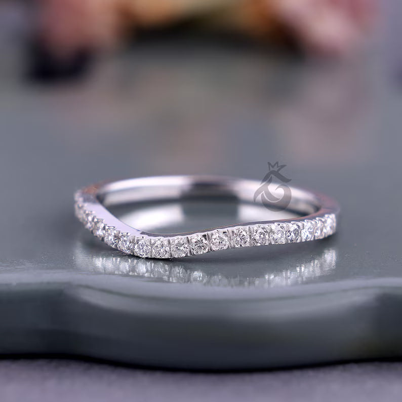 Curved Round Lab Grown Diamond Wedding Band, Half Eternity Stackable Ring for Women