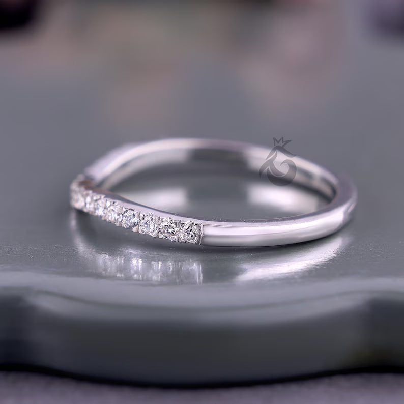 Curved Round Lab Grown Diamond Wedding Band, Half Eternity Stackable Ring for Women