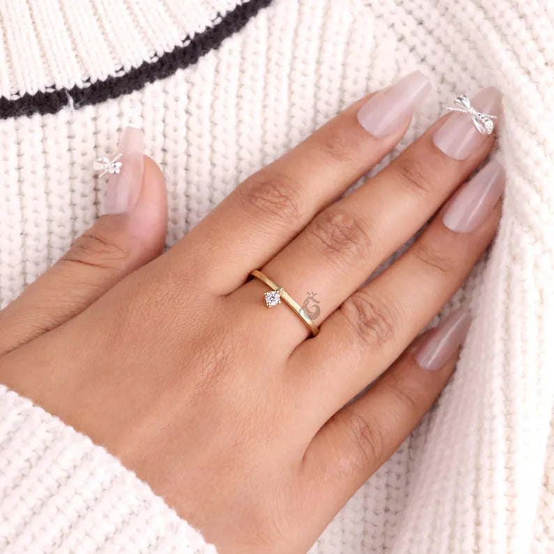 14K Yellow Gold Moissanite Dangle Charm Ring, Minimalist Stacking Solitaire Ring