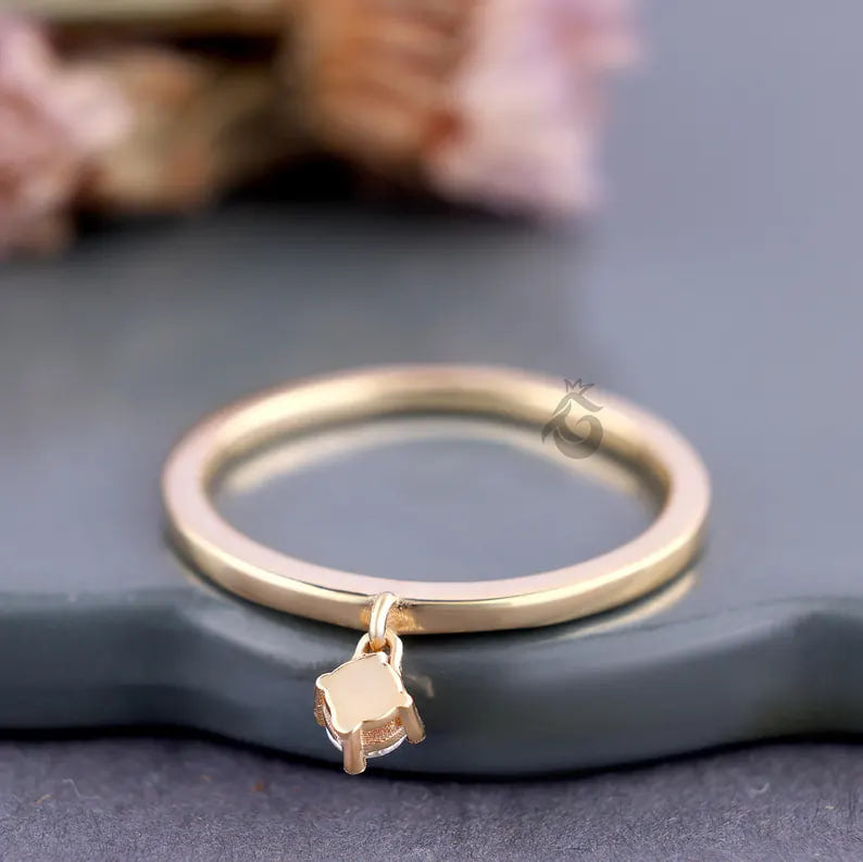 14K Yellow Gold Moissanite Dangle Charm Ring, Minimalist Stacking Solitaire Ring