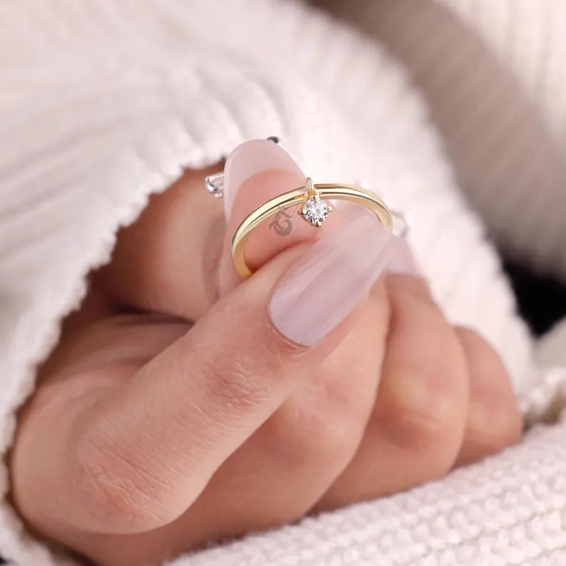 14K Yellow Gold Moissanite Dangle Charm Ring, Minimalist Stacking Solitaire Ring