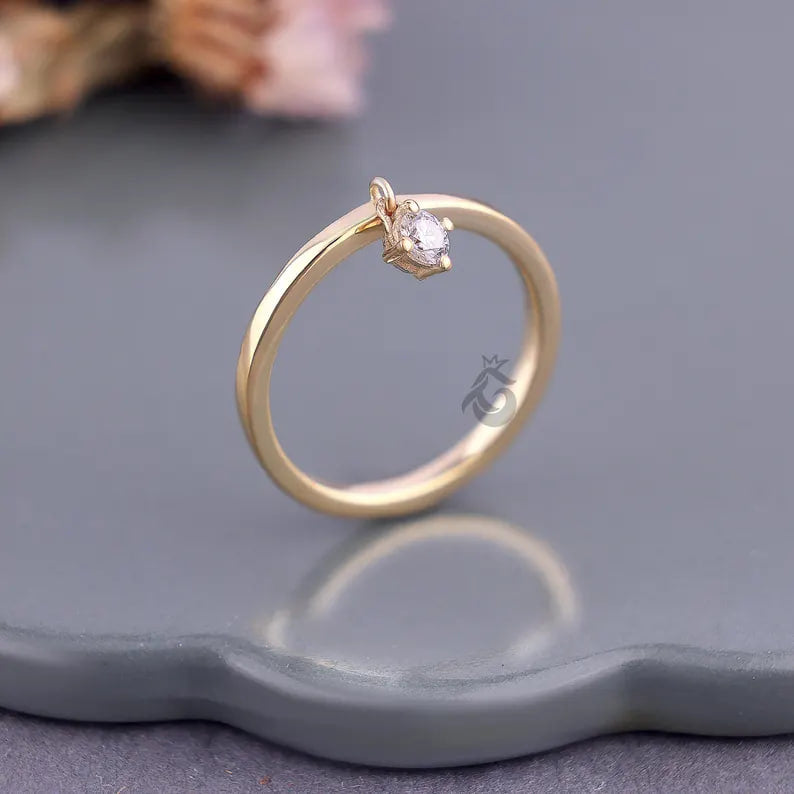 14K Yellow Gold Moissanite Dangle Charm Ring, Minimalist Stacking Solitaire Ring