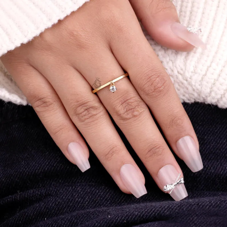 14K Yellow Gold Moissanite Dangle Charm Ring, Minimalist Stacking Solitaire Ring