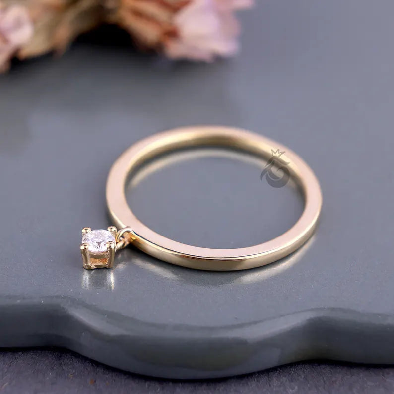 14K Yellow Gold Moissanite Dangle Charm Ring, Minimalist Stacking Solitaire Ring