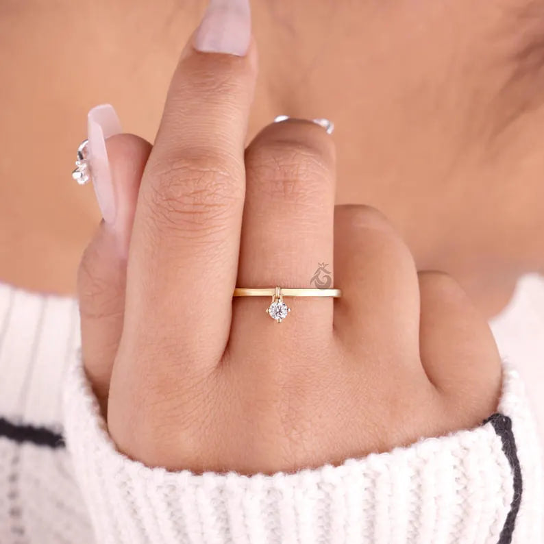 14K Yellow Gold Moissanite Dangle Charm Ring, Minimalist Stacking Solitaire Ring