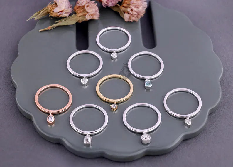 0.10CT Round Moissanite Dangle Solitaire Ring, Bare Set Minimalist Engagement Ring