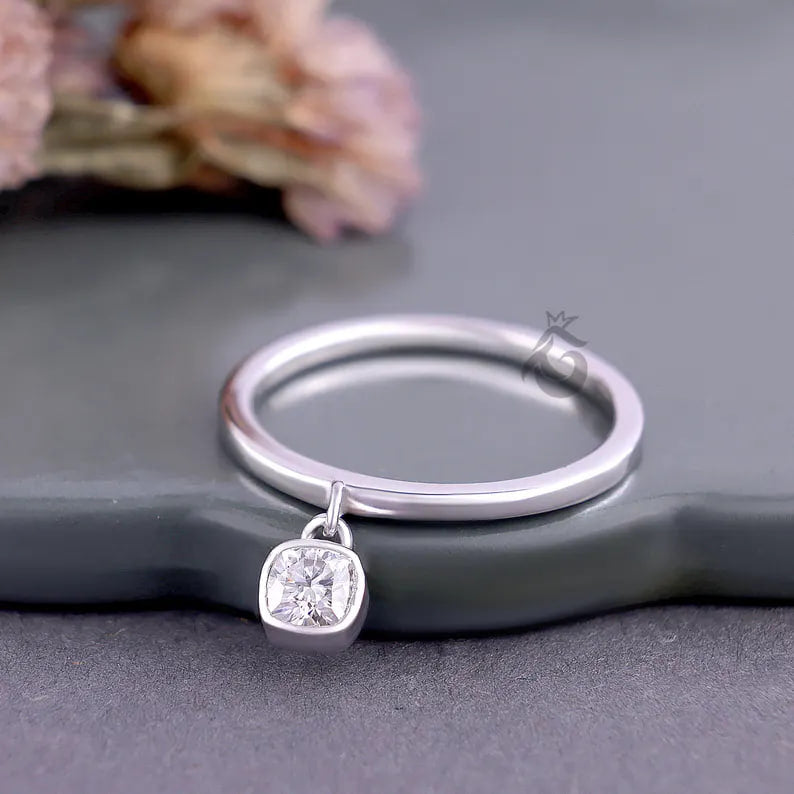 Cushion Cut Moissanite Dangle Solitaire Ring, 14K White Gold Bezel Set Minimalist Ring