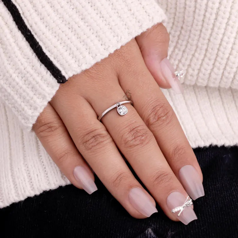 Cushion Cut Moissanite Dangle Solitaire Ring, 14K White Gold Bezel Set Minimalist Ring