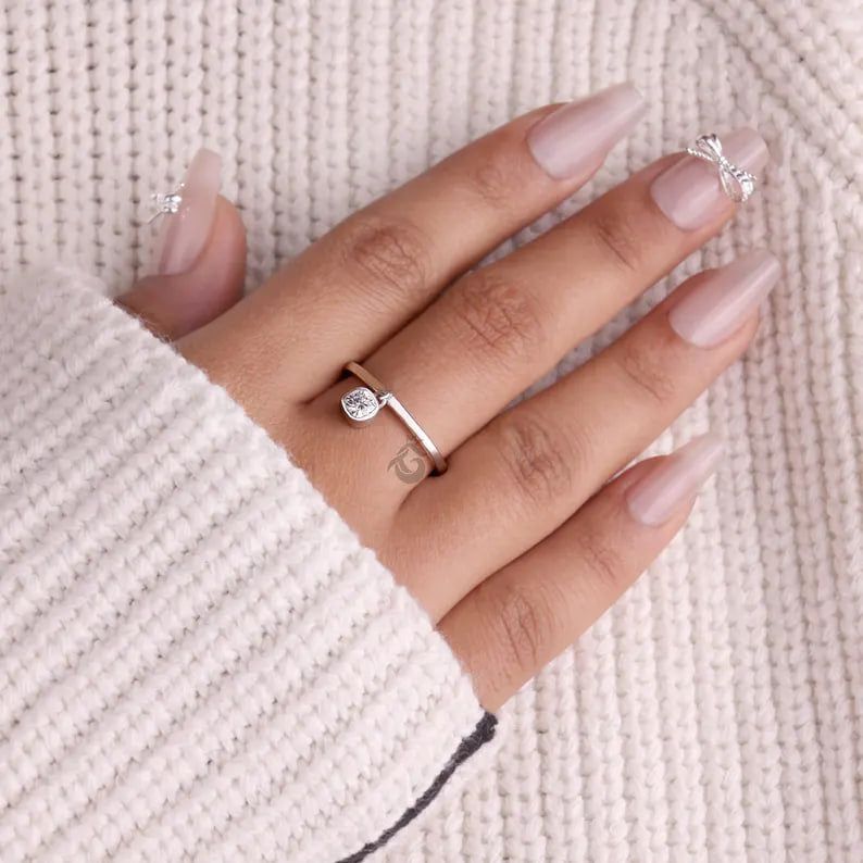 Cushion Cut Moissanite Dangle Solitaire Ring, 14K White Gold Bezel Set Minimalist Ring