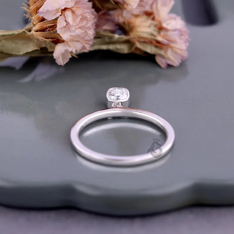 Cushion Cut Moissanite Dangle Solitaire Ring, 14K White Gold Bezel Set Minimalist Ring