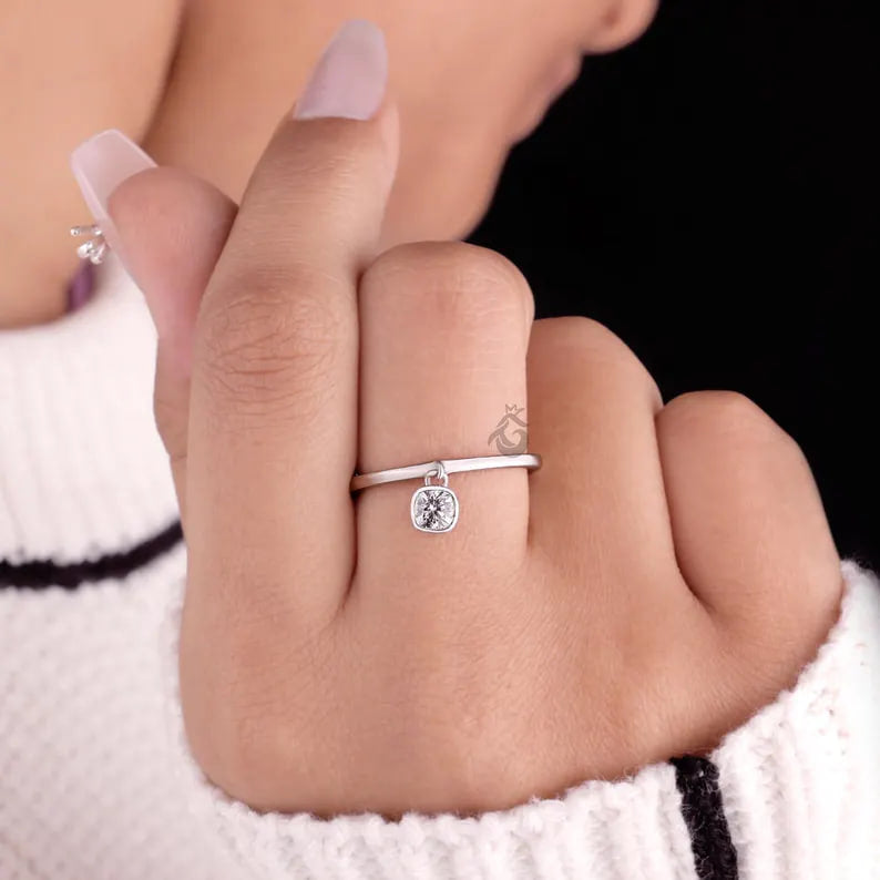 Cushion Cut Moissanite Dangle Solitaire Ring, 14K White Gold Bezel Set Minimalist Ring