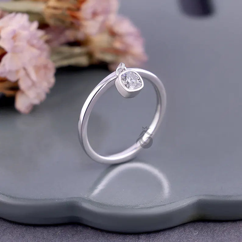 Cushion Cut Moissanite Dangle Solitaire Ring, 14K White Gold Bezel Set Minimalist Ring
