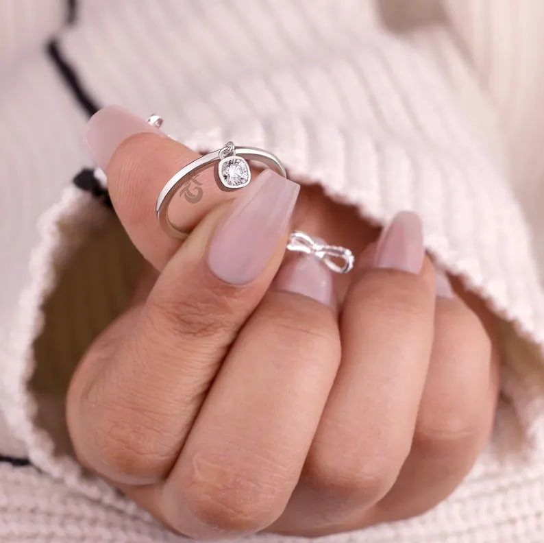 Cushion Cut Moissanite Dangle Solitaire Ring, 14K White Gold Bezel Set Minimalist Ring