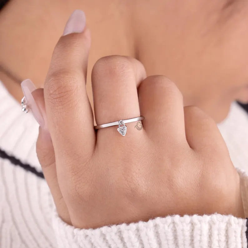 Trillion Cut Moissanite Dangle Charm Ring, Bezel Set Minimalist Engagement Ring for Her
