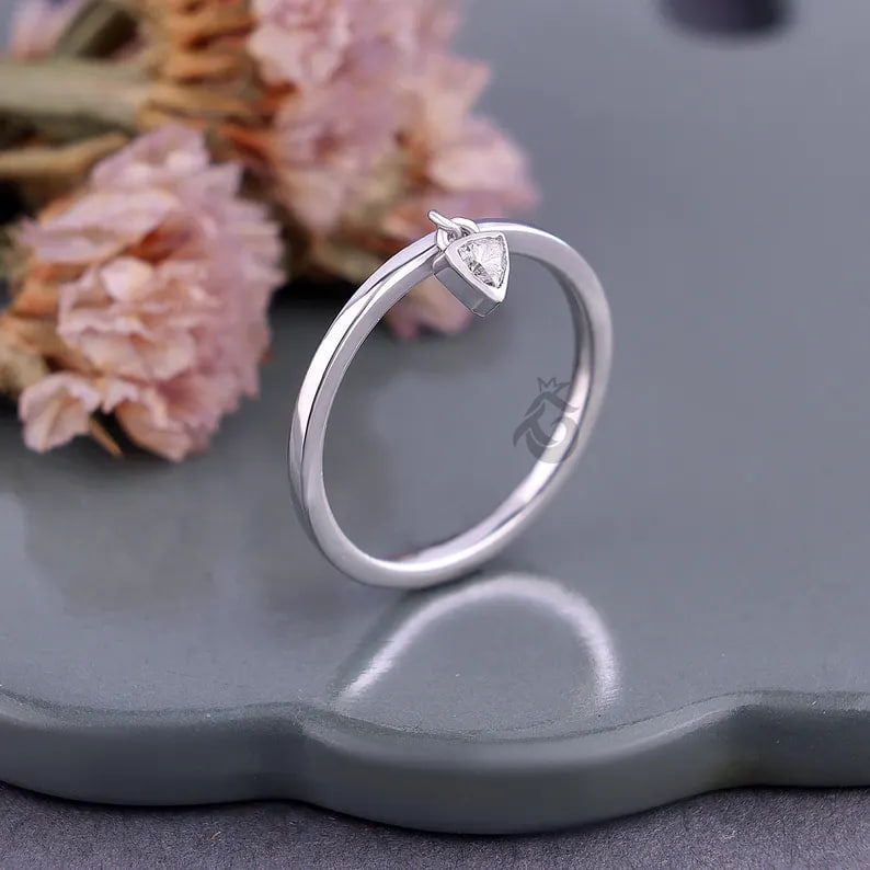 Trillion Cut Moissanite Dangle Charm Ring, Bezel Set Minimalist Engagement Ring for Her