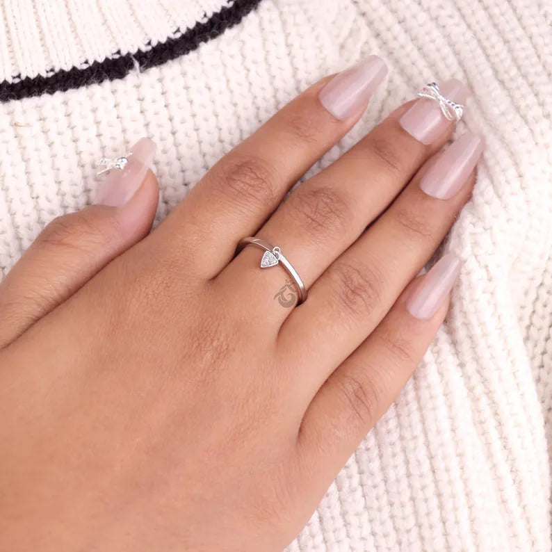 Trillion Cut Moissanite Dangle Charm Ring, Bezel Set Minimalist Engagement Ring for Her