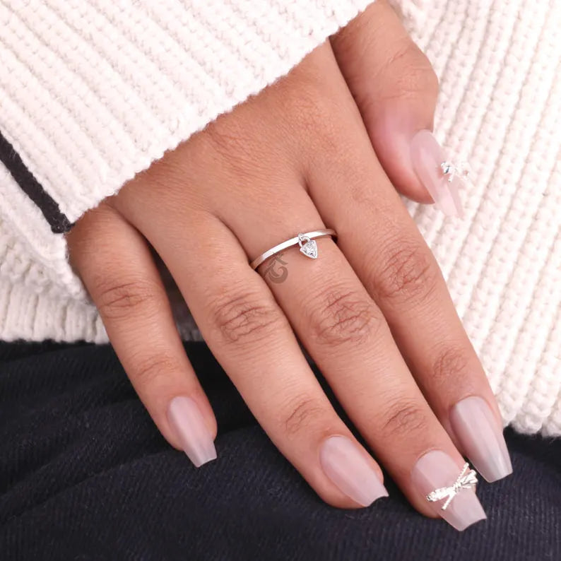 Trillion Cut Moissanite Dangle Charm Ring, Bezel Set Minimalist Engagement Ring for Her