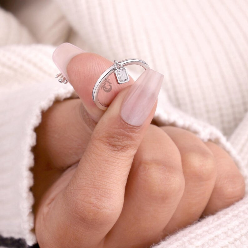 Emerald Cut Moissanite Dangle Ring, Solitaire Hanging Diamond Stacking Ring for Her