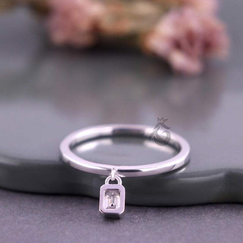 Emerald Cut Moissanite Dangle Ring, Solitaire Hanging Diamond Stacking Ring for Her