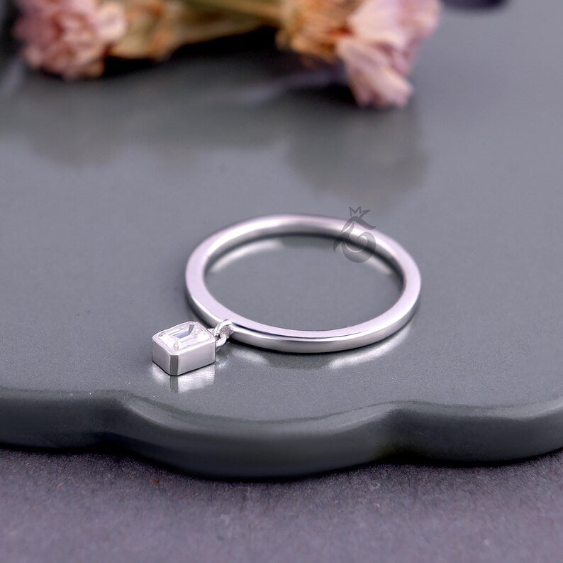Emerald Cut Moissanite Dangle Ring, Solitaire Hanging Diamond Stacking Ring for Her