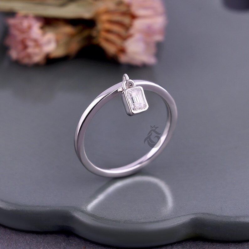Emerald Cut Moissanite Dangle Ring, Solitaire Hanging Diamond Stacking Ring for Her