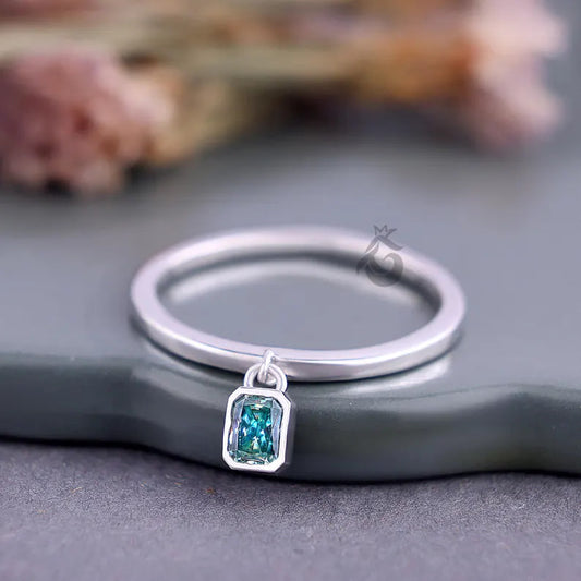 Radiant Cut Cyan Blue Moissanite Dangle Ring, Bare Set Solitaire Stackable Ring