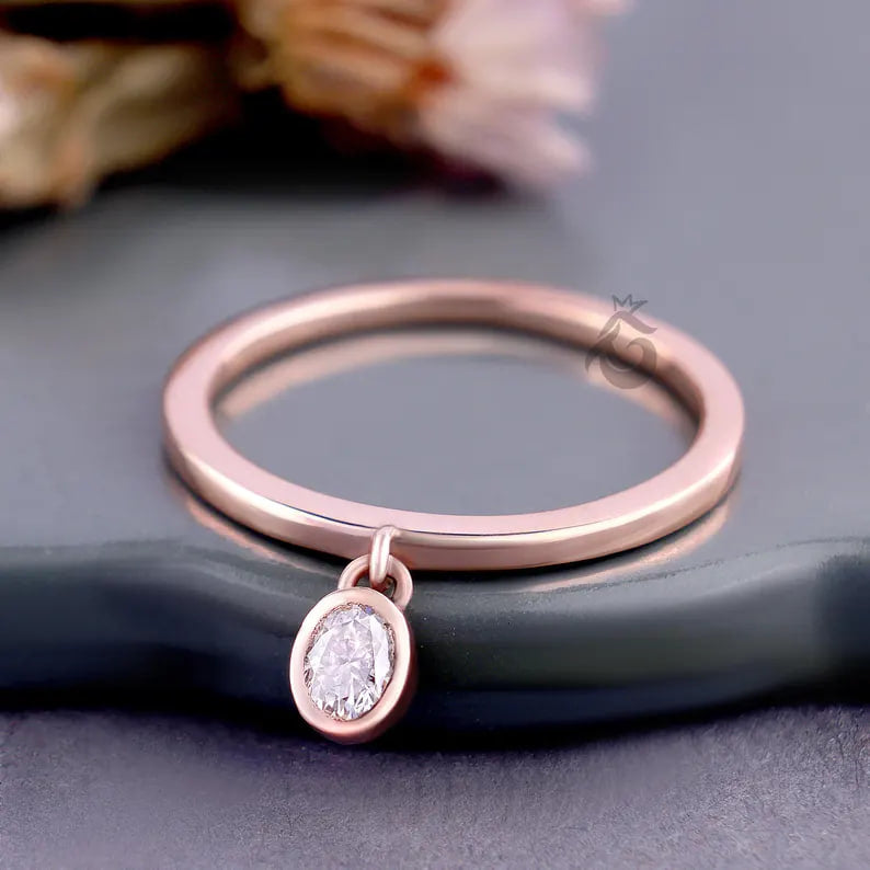 Oval Cut Moissanite Dangle Ring, 14K Rose Gold Bezel Set Stacking Ring