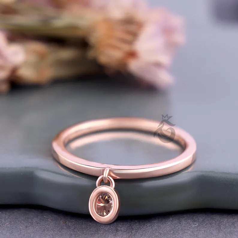 Oval Cut Moissanite Dangle Ring, 14K Rose Gold Bezel Set Stacking Ring