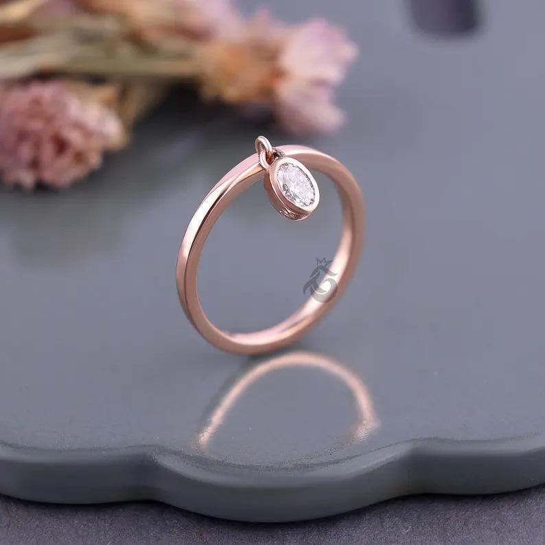 Oval Cut Moissanite Dangle Ring, 14K Rose Gold Bezel Set Stacking Ring