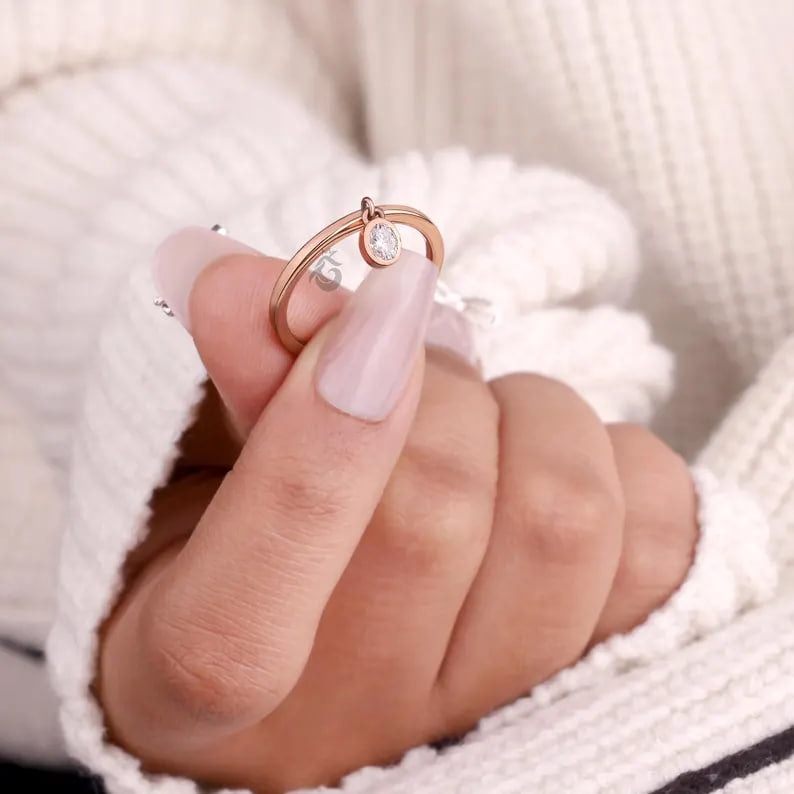 Oval Cut Moissanite Dangle Ring, 14K Rose Gold Bezel Set Stacking Ring