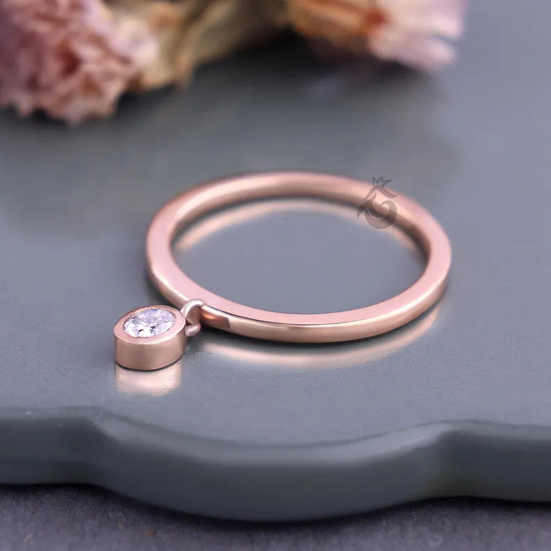 Oval Cut Moissanite Dangle Ring, 14K Rose Gold Bezel Set Stacking Ring