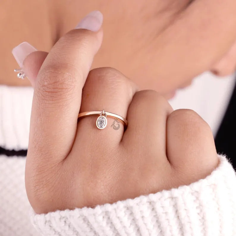 Oval Cut Moissanite Dangle Ring, 14K Rose Gold Bezel Set Stacking Ring