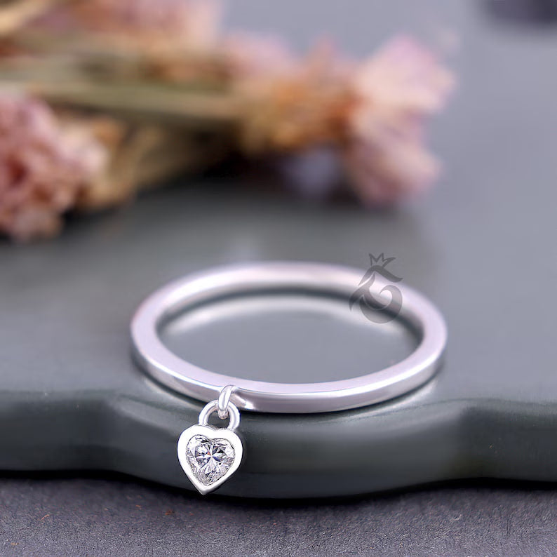 Heart Shape Moissanite Dangle Ring, Bezel Set Solitaire Stacking Diamond Ring