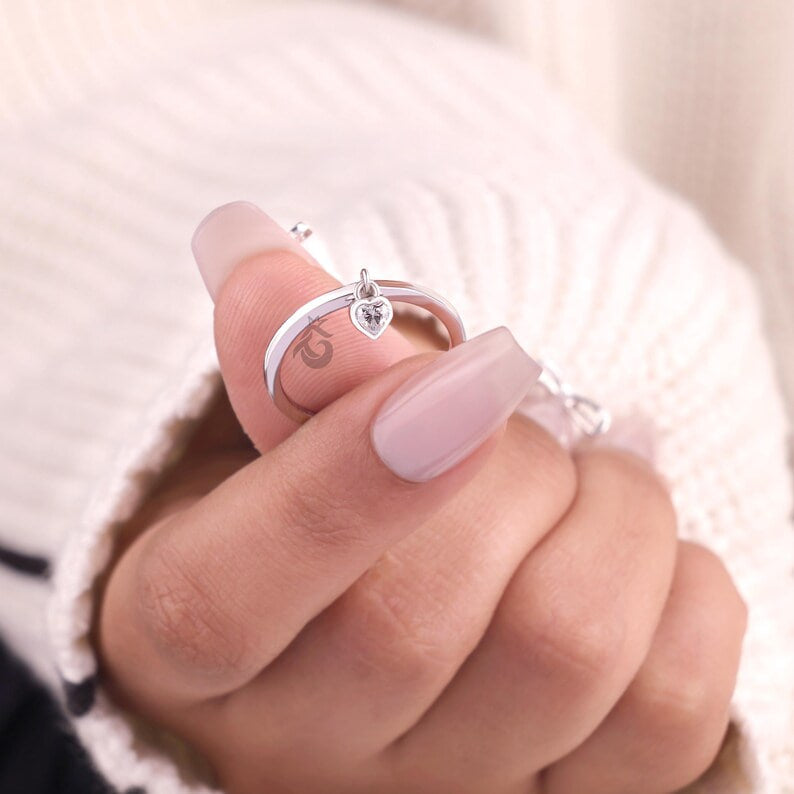 Heart Shape Moissanite Dangle Ring, Bezel Set Solitaire Stacking Diamond Ring