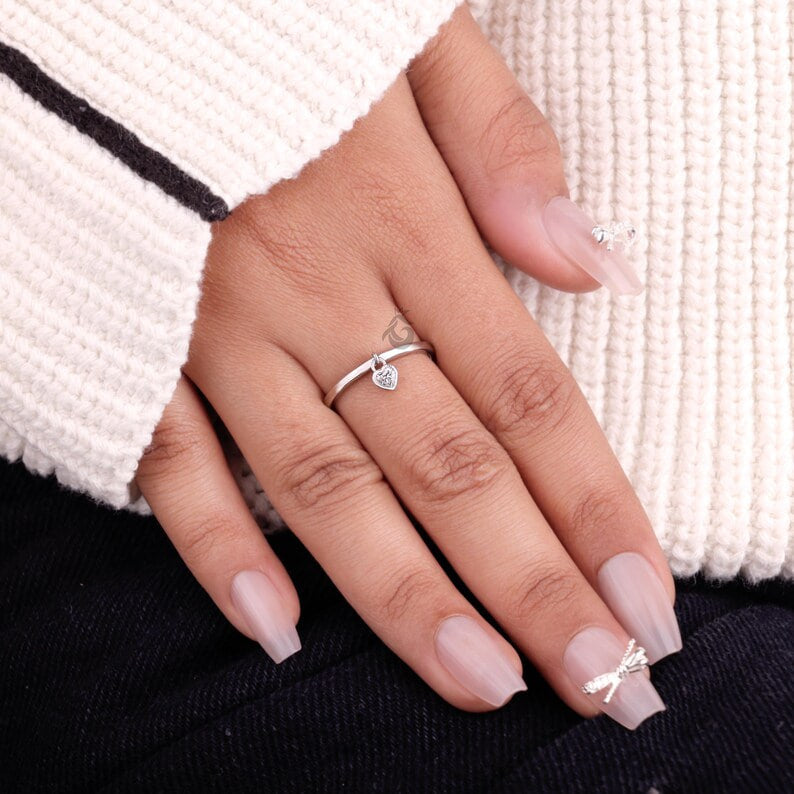 Heart Shape Moissanite Dangle Ring, Bezel Set Solitaire Stacking Diamond Ring