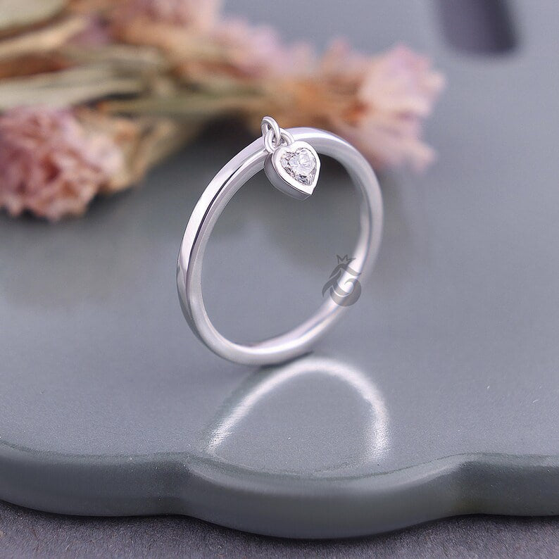 Heart Shape Moissanite Dangle Ring, Bezel Set Solitaire Stacking Diamond Ring