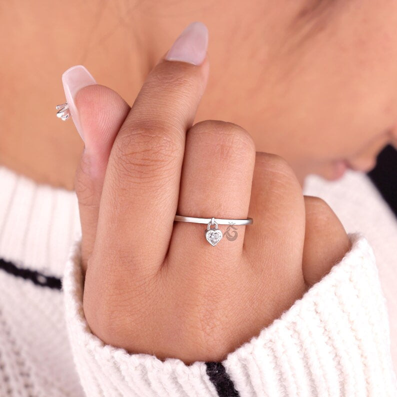Heart Shape Moissanite Dangle Ring, Bezel Set Solitaire Stacking Diamond Ring