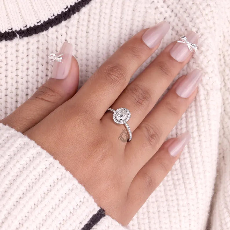 Oval Halo Moissanite Engagement Ring, Vintage 14K White Gold Pave Wedding Ring, Classic Bridal Ring