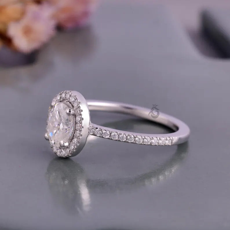 Oval Halo Moissanite Engagement Ring, Vintage 14K White Gold Pave Wedding Ring, Classic Bridal Ring