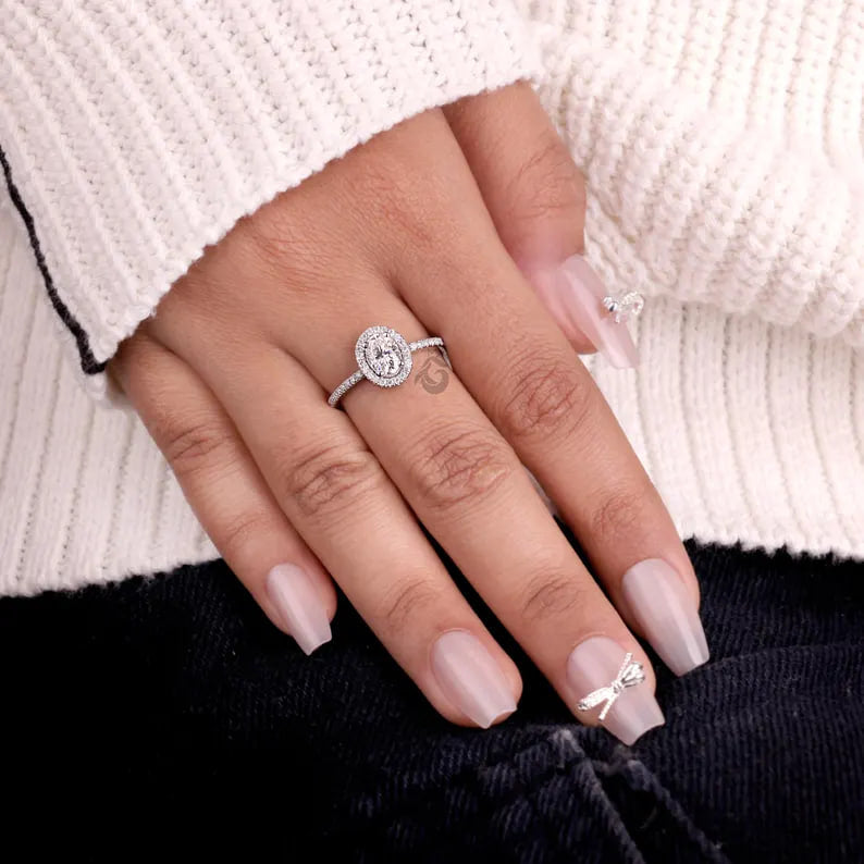 Oval Halo Moissanite Engagement Ring, Vintage 14K White Gold Pave Wedding Ring, Classic Bridal Ring