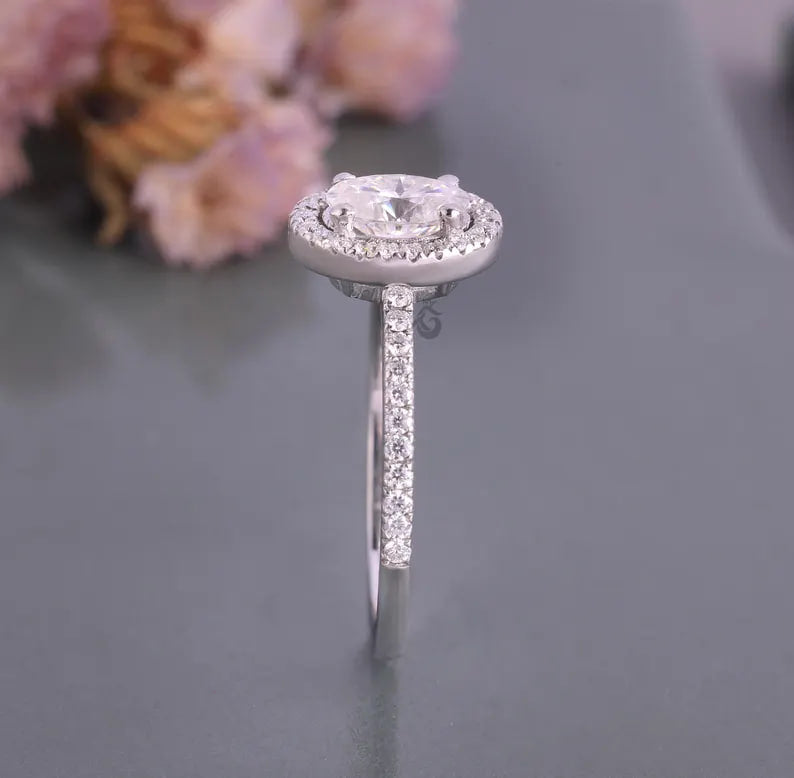 Oval Halo Moissanite Engagement Ring, Vintage 14K White Gold Pave Wedding Ring, Classic Bridal Ring