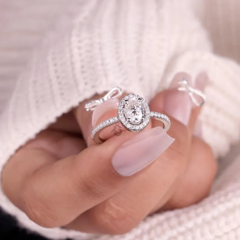 Oval Halo Moissanite Engagement Ring, Vintage 14K White Gold Pave Wedding Ring, Classic Bridal Ring