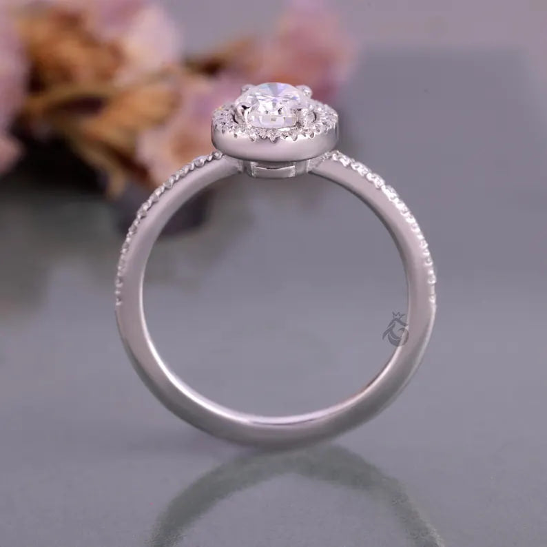Oval Halo Moissanite Engagement Ring, Vintage 14K White Gold Pave Wedding Ring, Classic Bridal Ring