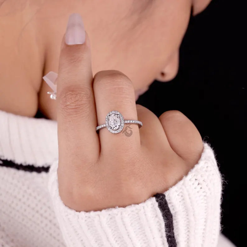 Oval Halo Moissanite Engagement Ring, Vintage 14K White Gold Pave Wedding Ring, Classic Bridal Ring